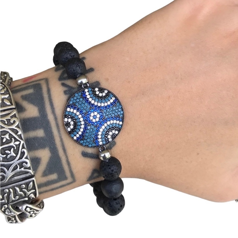 Gemstones bead bracelet .Black Lava rock oil diffuser beads cz eye charm - Picture 2 of 7